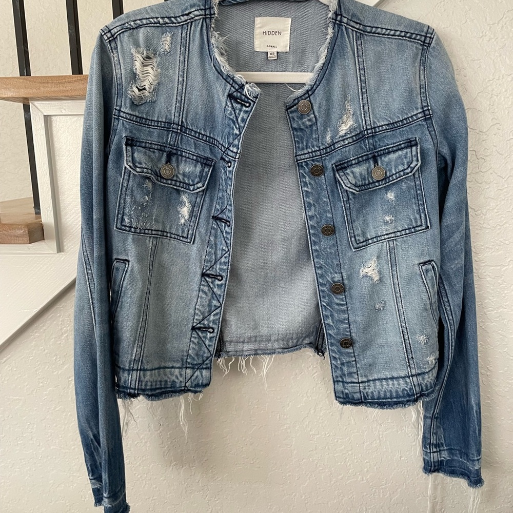 Distressed Collarless Denim Jacket - image 3